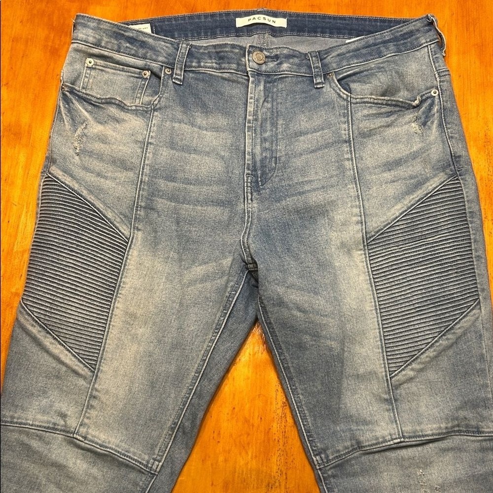 PacSun Stacked Skinny Moto Jeans Mens 36x32 Light Wash Blue Ribbed Biker Denim - Picture 10 of 10